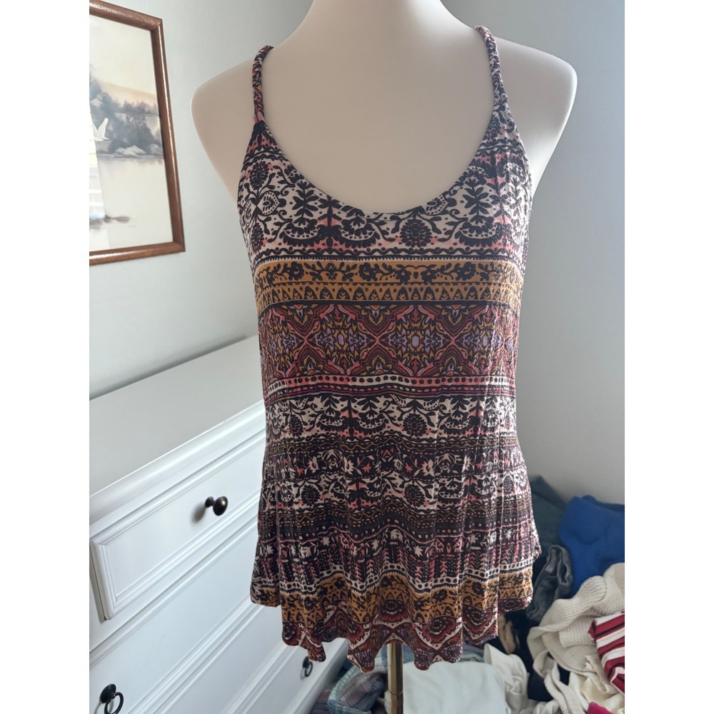 Boho y2k Tank Top Womens Large Rue21 Medallion Print O-Ring Racerback Brown Pink